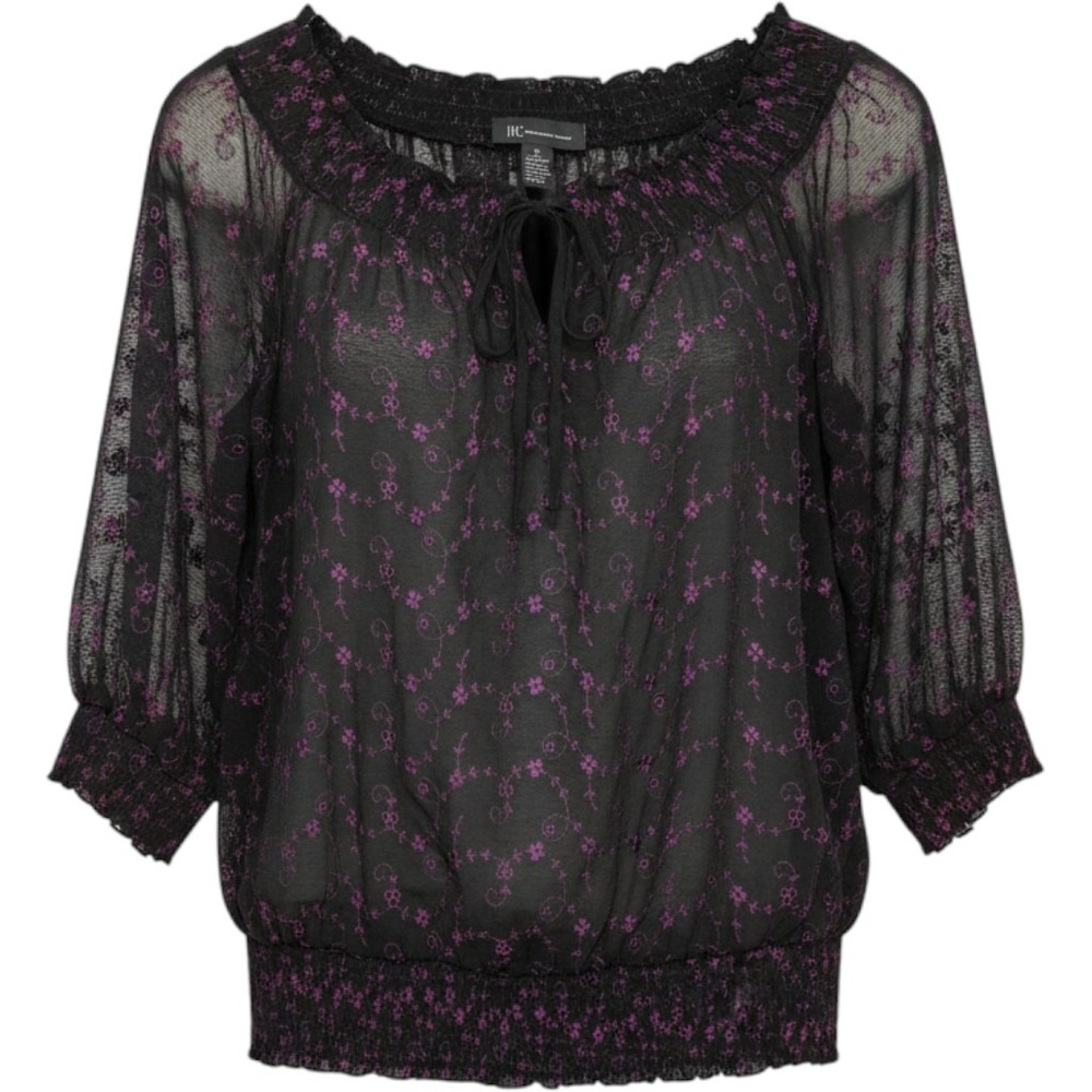 INC Sheer Top Embroded Black Purple XL Milkmaid Whimsigoth Fairy‎ Grunge